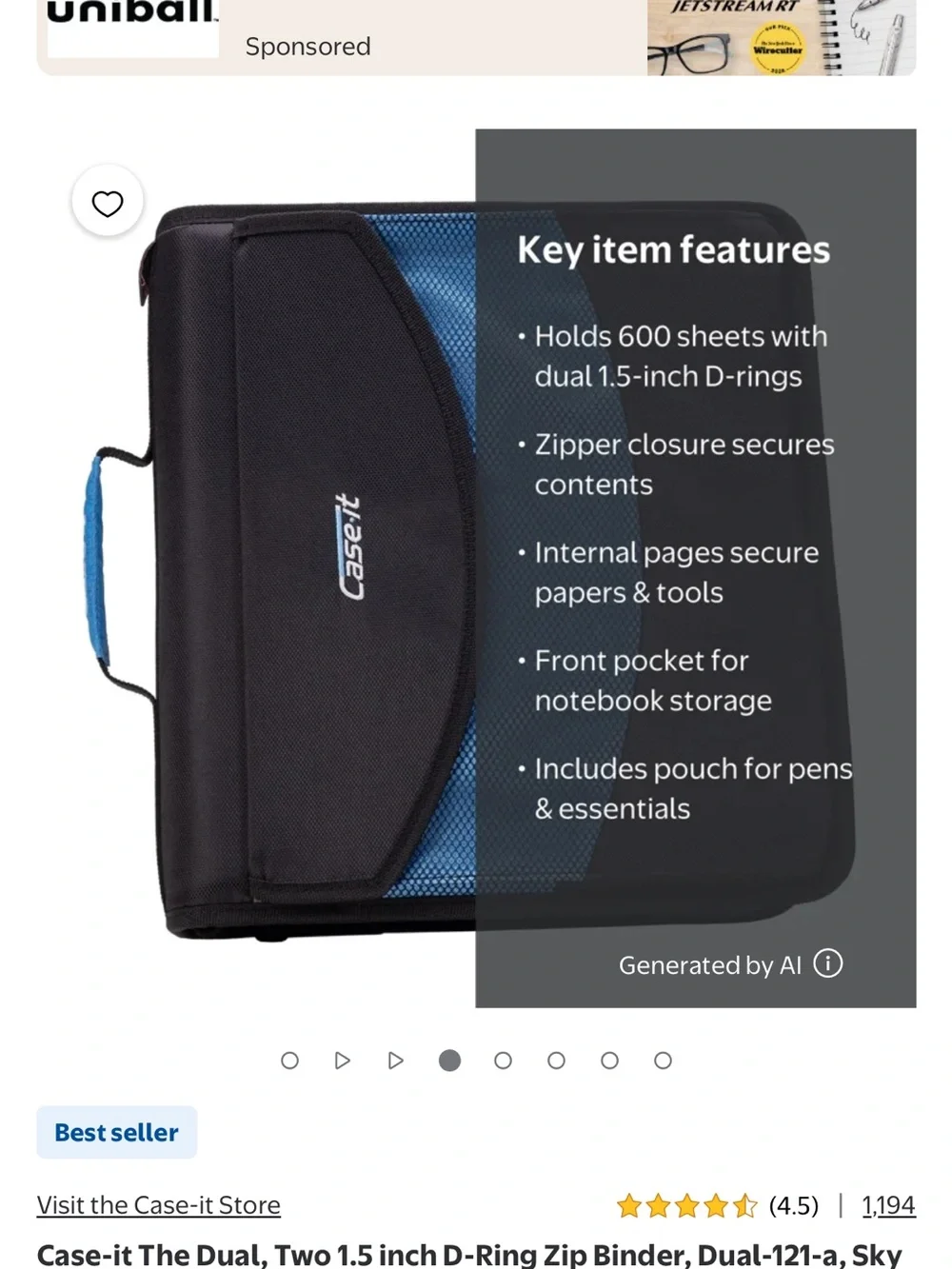 Case-it Dual D-Ring Zip Binder - Black and Blue